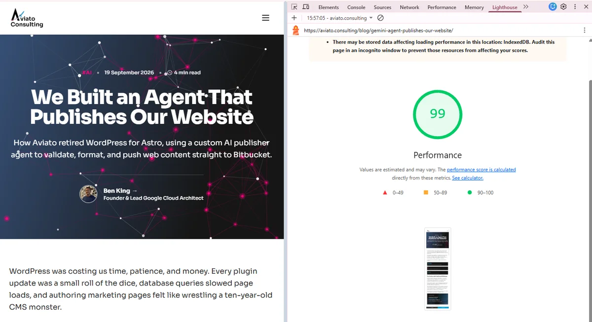 Lighthouse audit showing poor SEO and Core Web Vitals on legacy WordPress